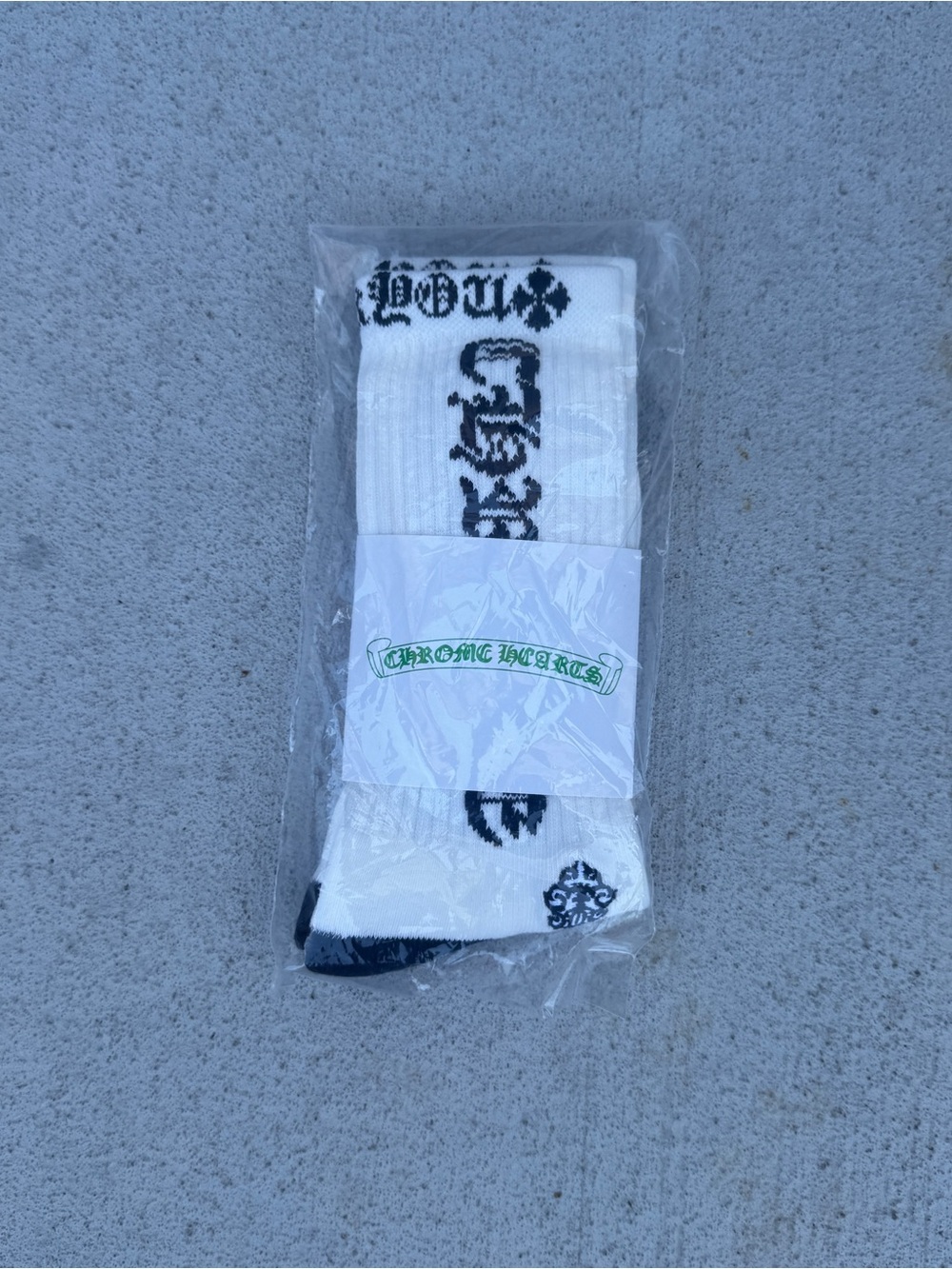Chrome Hearts White Crew Socks with Black Gothic Logo Accents